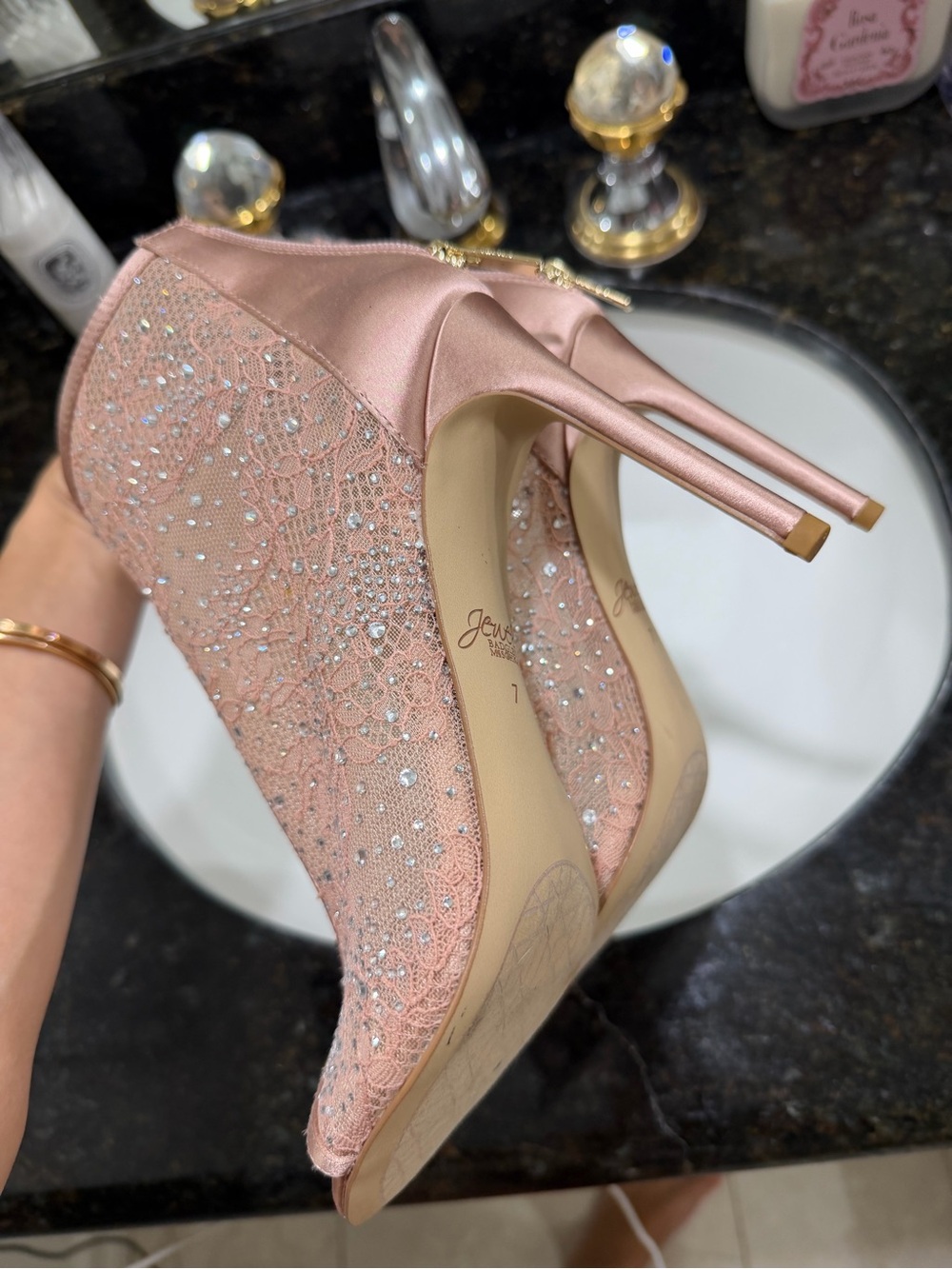 Badgley Mischka Blush Pink Lace Crystal Embellished Stiletto Heels